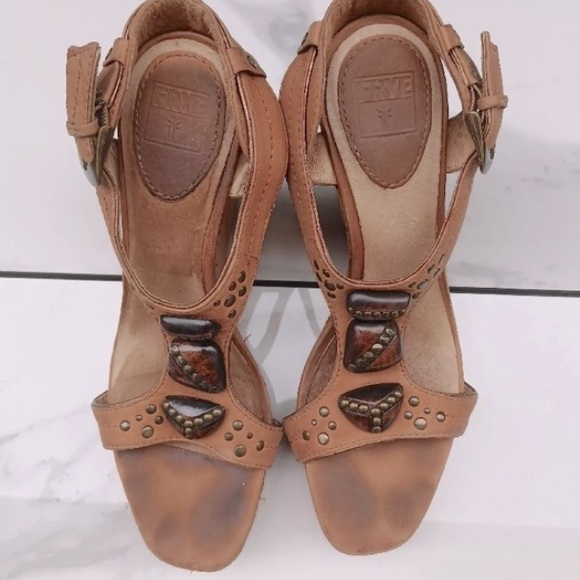 [Frye] Coastal Boho Bridget Ornament Leather Wood Wedge Sandals Womens Sz 8.5 - Picture 13 of 13